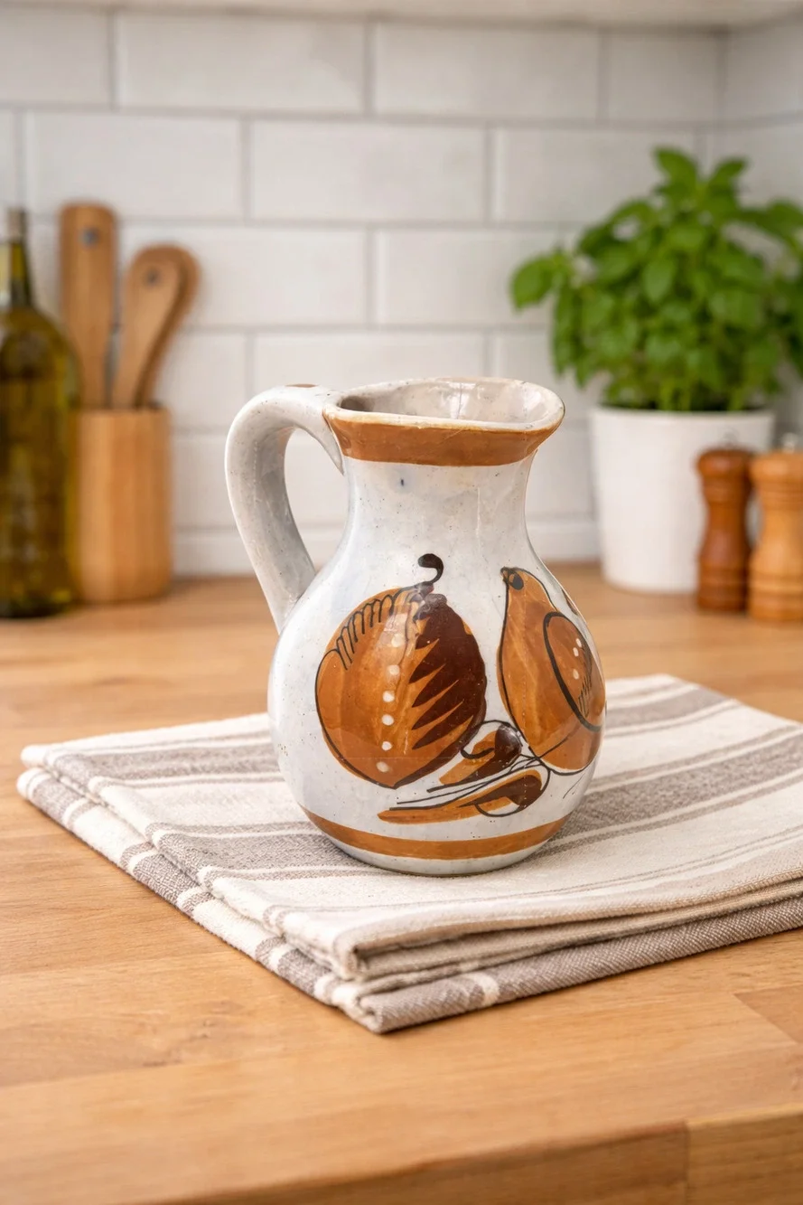 Small Mexican Tonala Pottery Pitcher Cream Brown